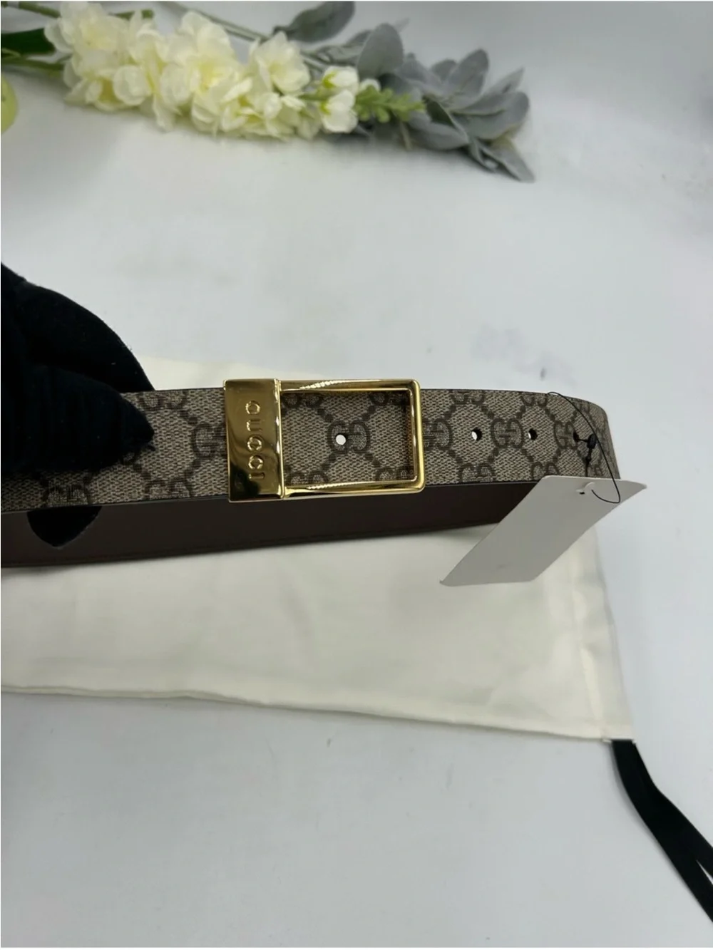 Unisex, Gucci, monogram canvas belt with gold engraved buckle beige/brown 80/32